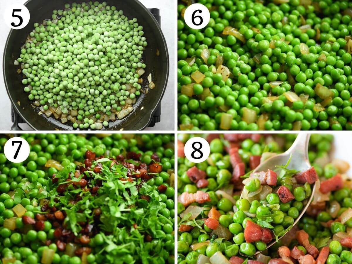 Step by step photos showing how to make peas and pancetta