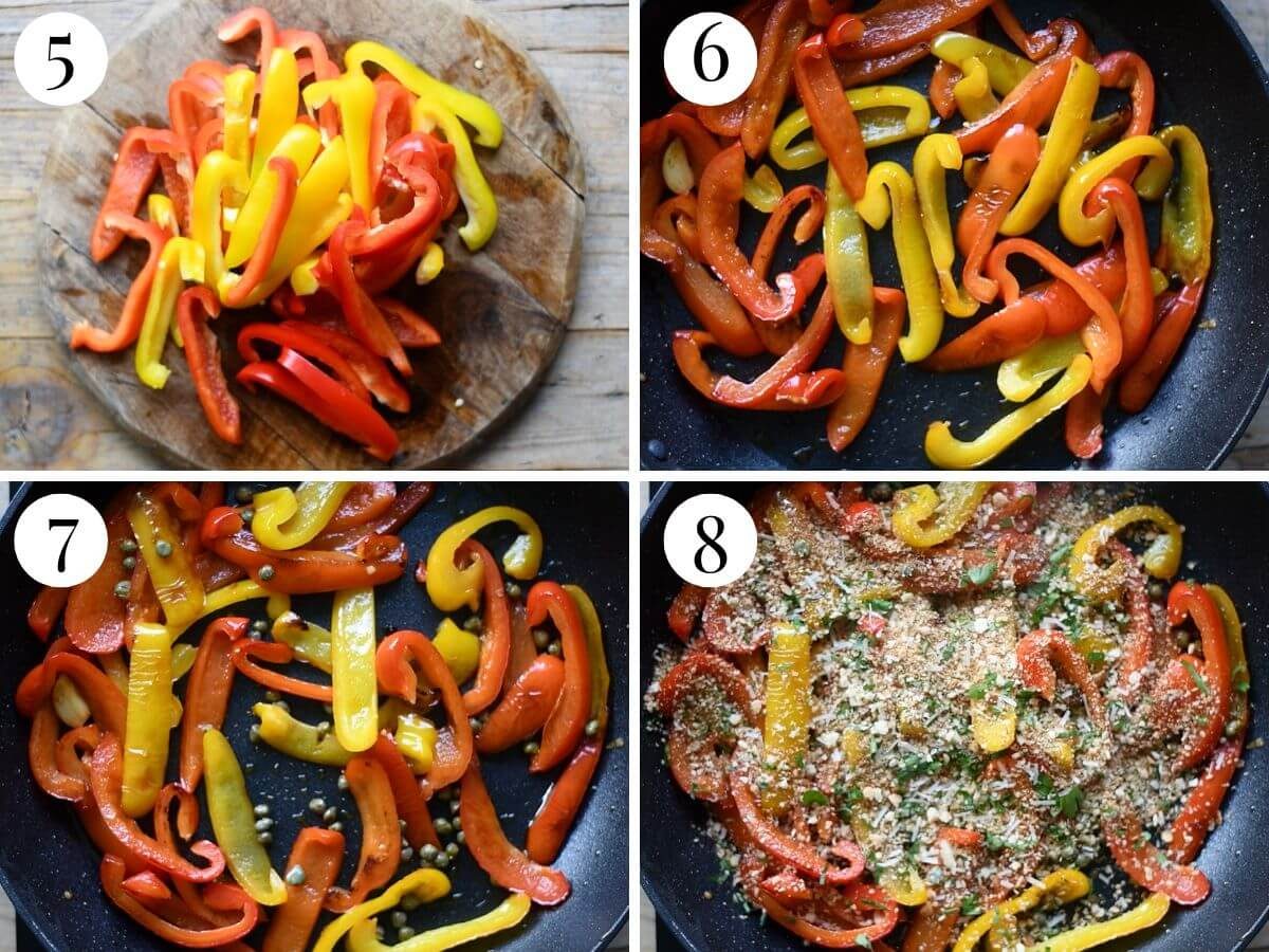 Four photos in a collage showing how to saute peppers.