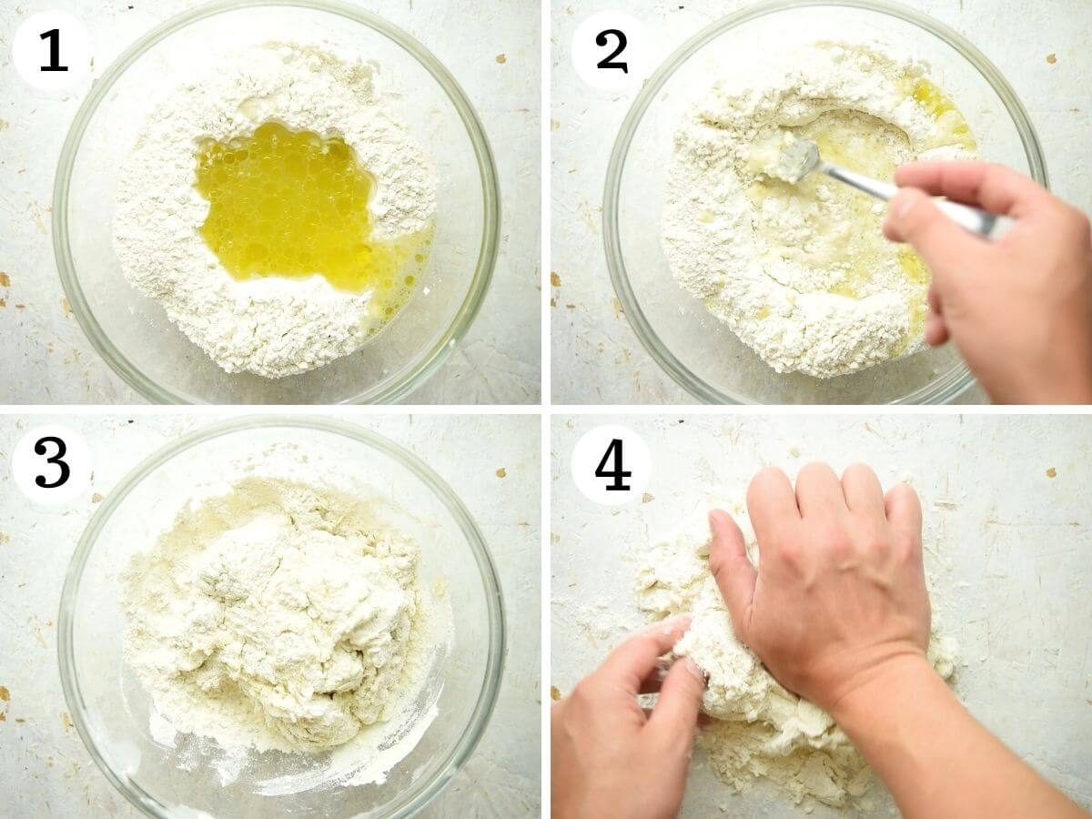 Step by step photos showing Pici Pasta dough