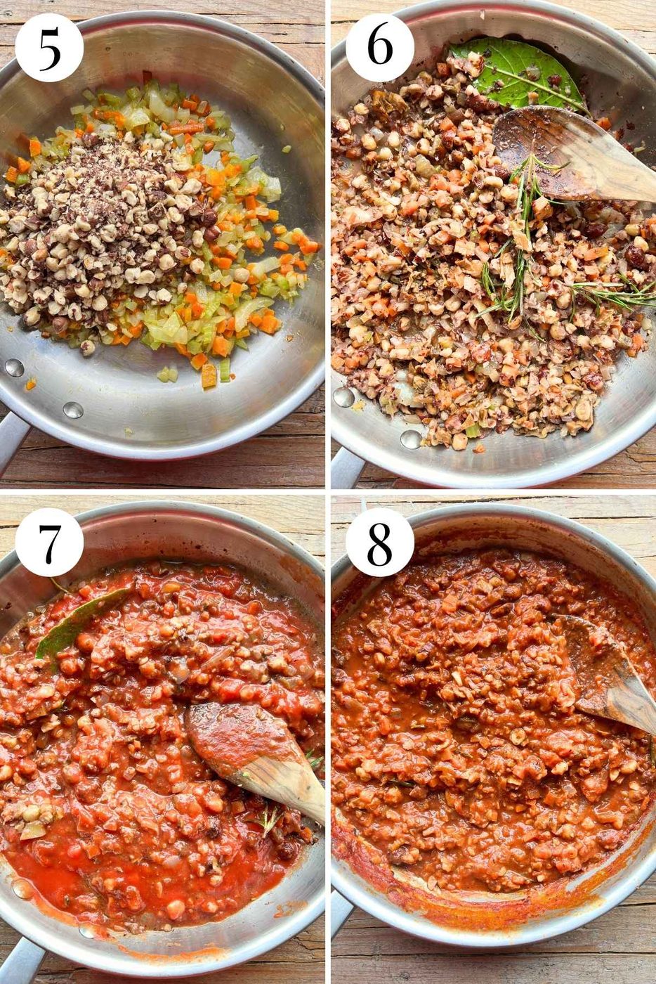 Four photos in a collage showing how to make a hazelnut ragu with red wine, herbs and tomato.