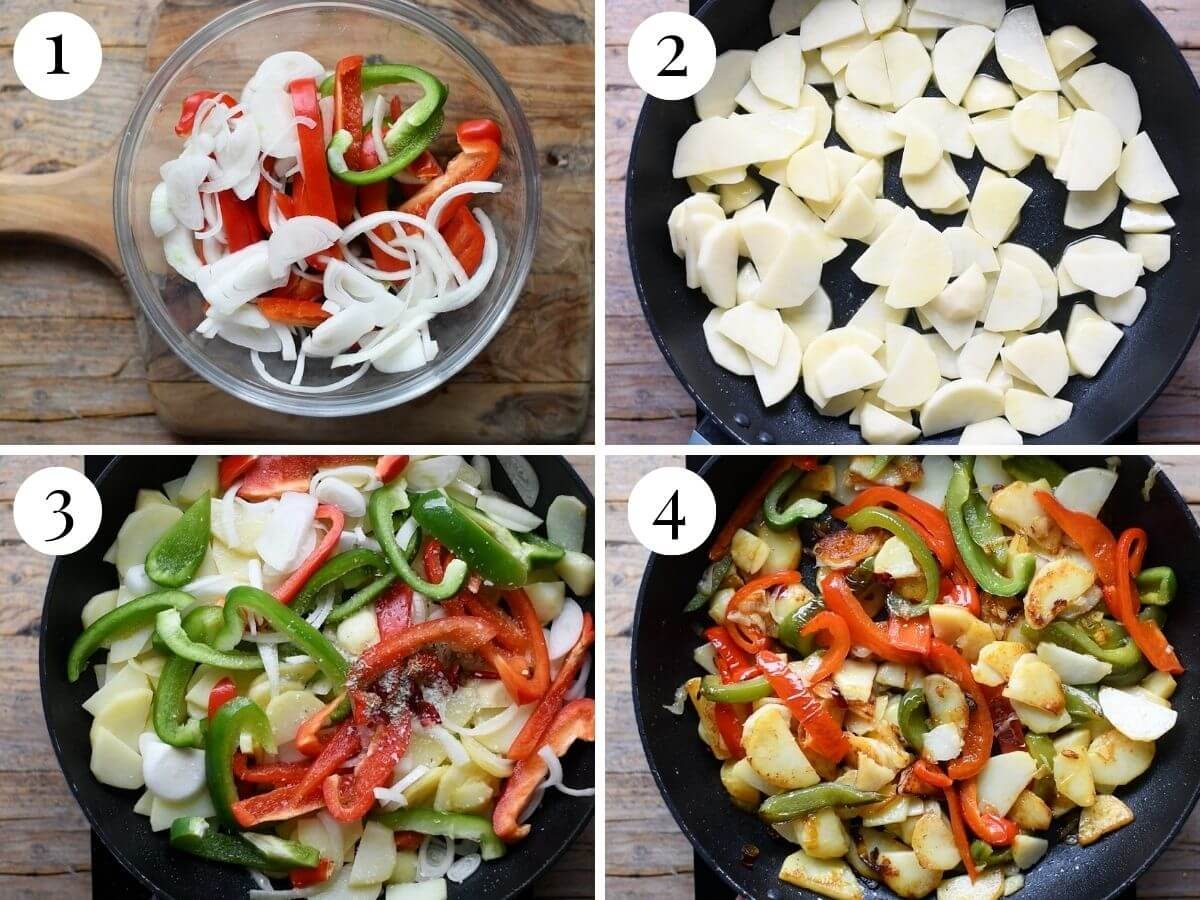 Four photos in a collage showing how to make Italian Pipi e Patati.