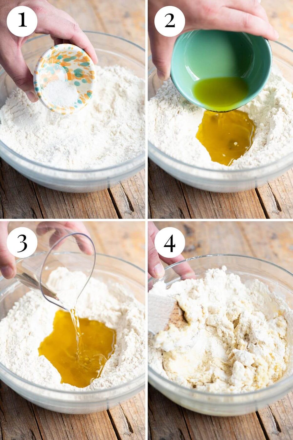 Four photos in a collage showing how to make a rough dough with olive oil and white wine.