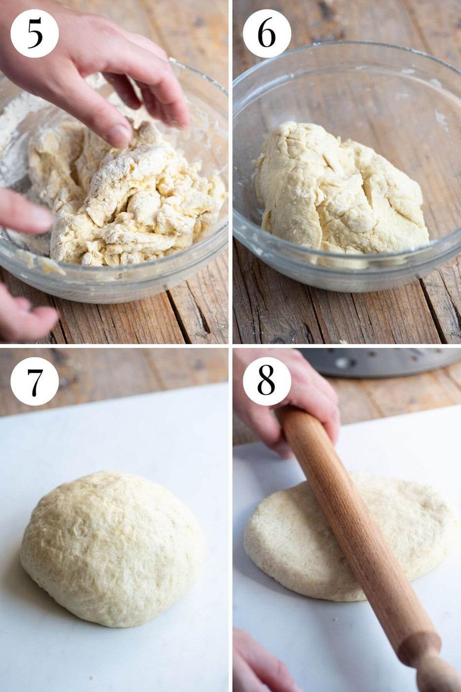 Four photos in a collage showing how to knead and roll out the dough to make Pizza Scima.