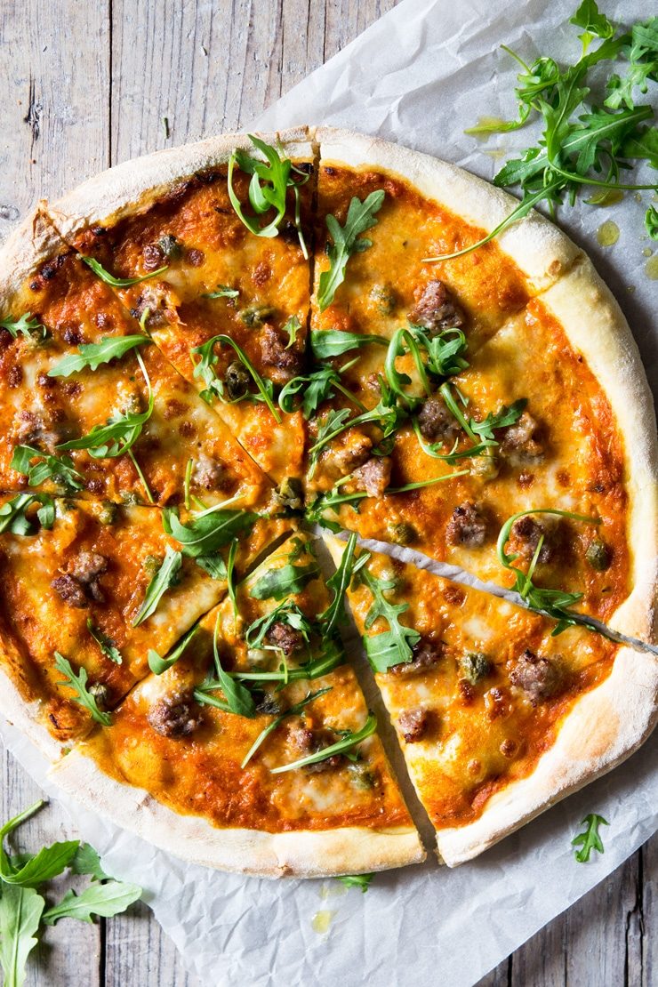 Pizza With Sausage And Red Pepper Sauce