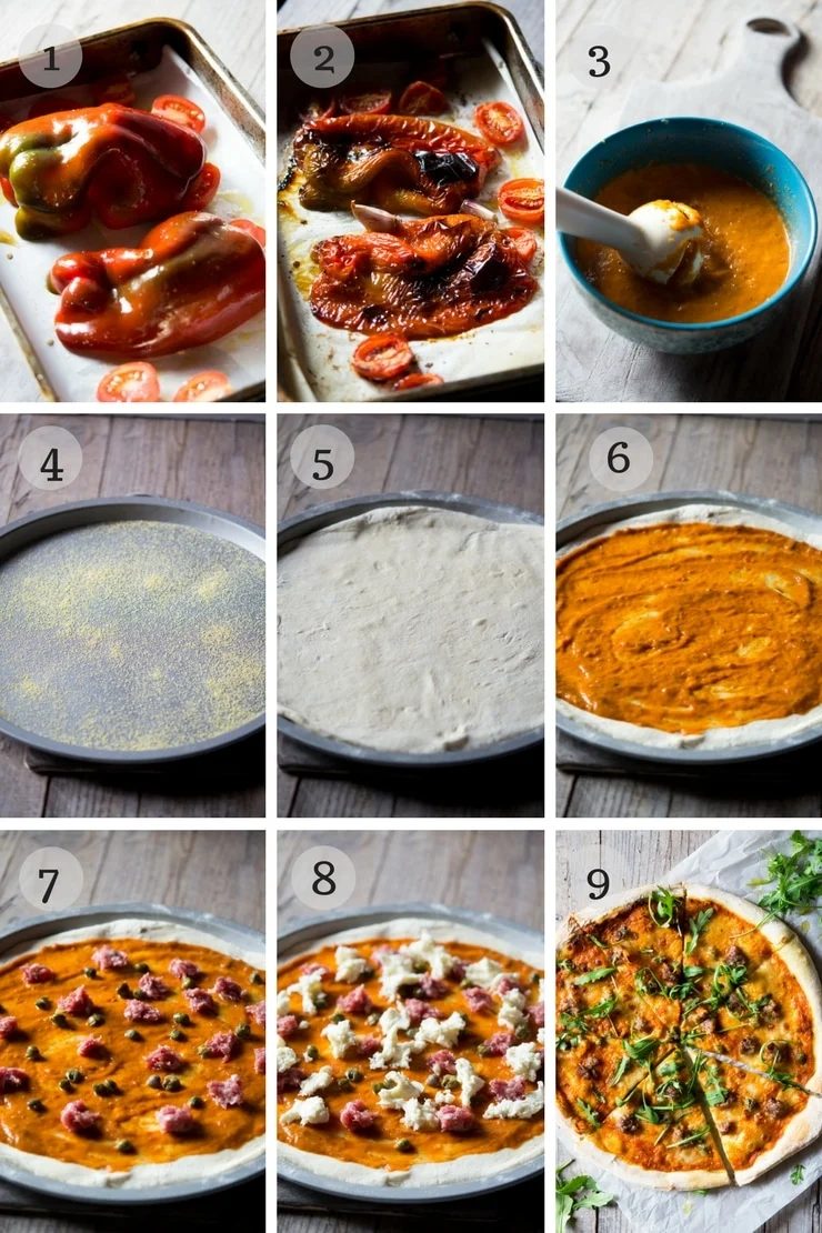 step by step photos for making pizza with sausage and roasted red pepper sauce
