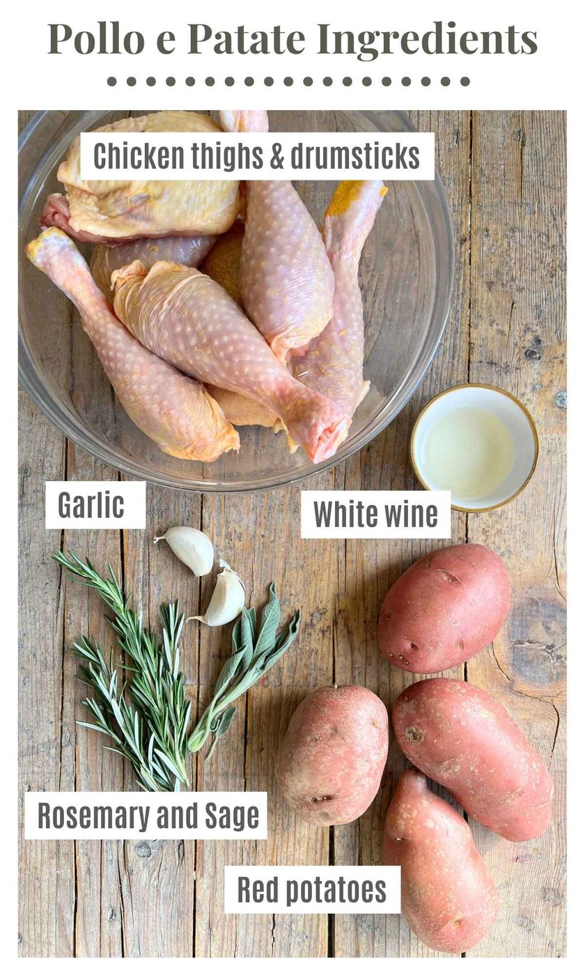 All the ingredients needed to make Italian chicken and potatoes on a wooden surface. The tex overlay reads: Chicken thighs and drumsticks, white wine, rosemary and sage, garlic and red potatoes.