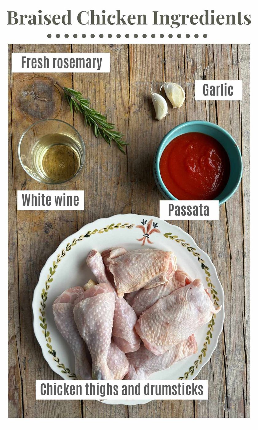 An overhead shot of all the ingredients needed to make Pollo in Potacchio, Italian braised chicken.