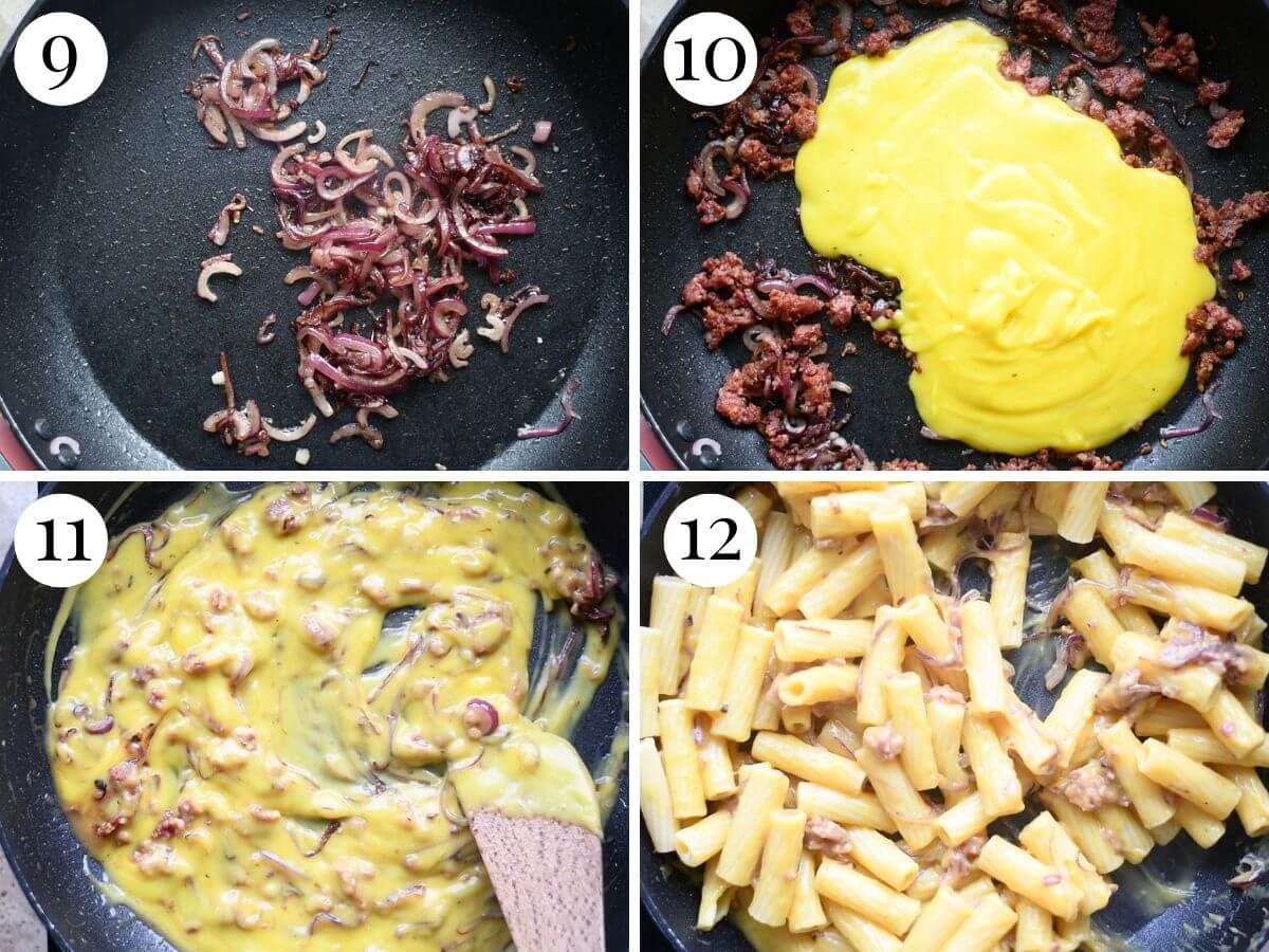 Four photos in a collage showing how finish making the potato saffron and sausage sauce.