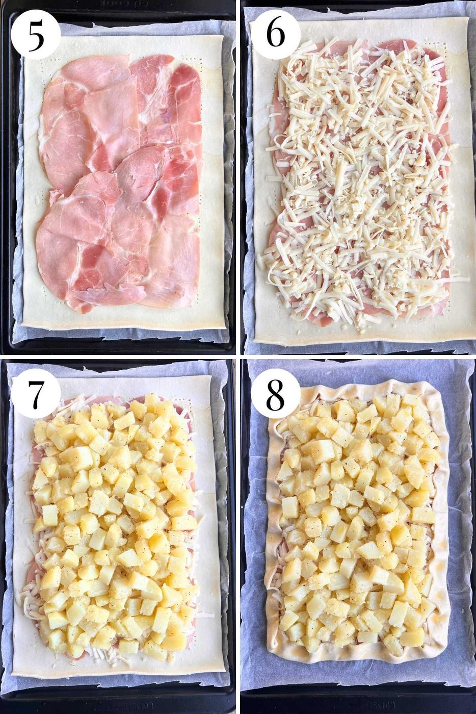 Four photos in a collage showing how to assemble and bake a puff pastry and potato tart with fontina and ham.
