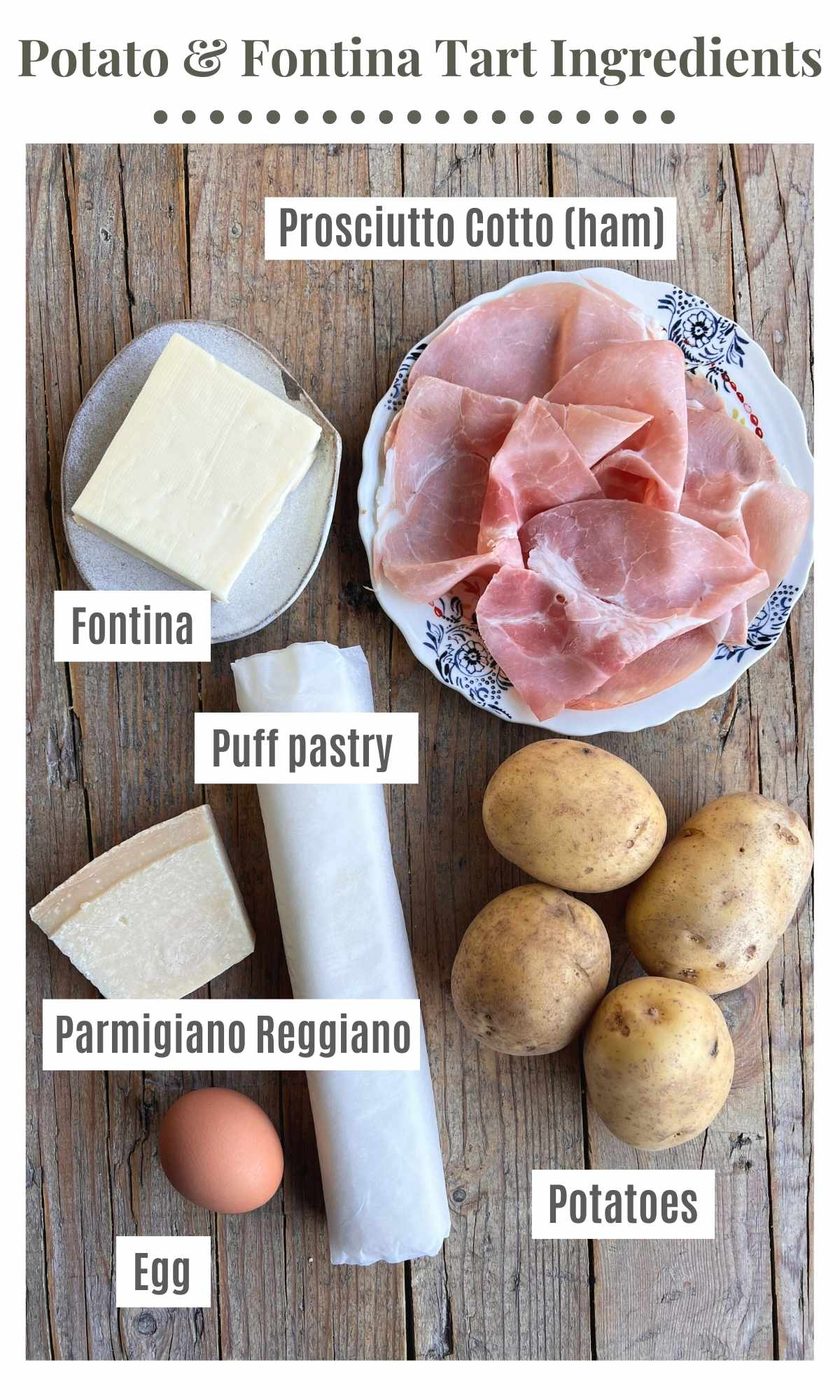 An overhead shot of ingredients needed to make a potato and puff pastry tart.