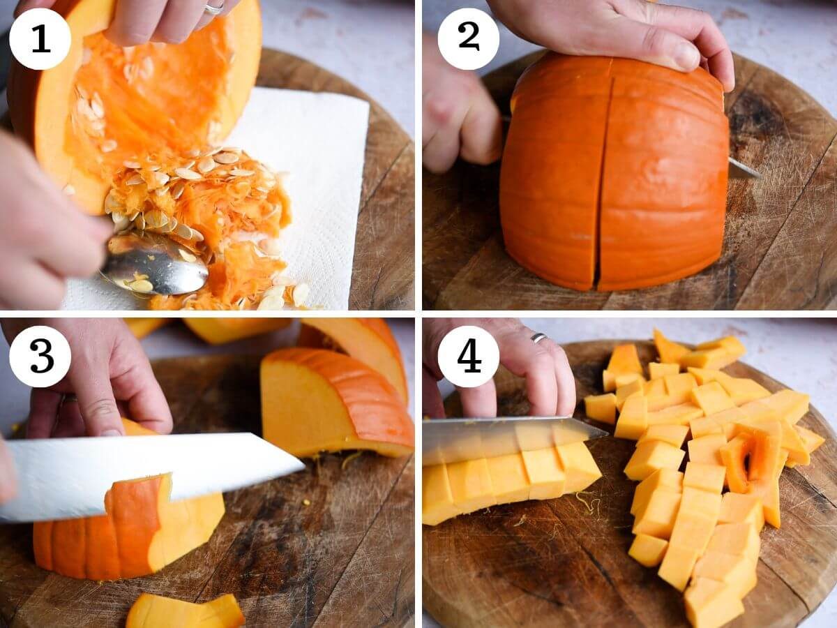 Four photos in a collage showing how to prepare and cut a pumpkin.