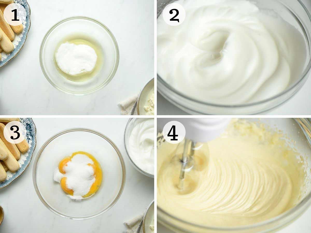 Step by step photos showing how to whisk egg whites and yolks