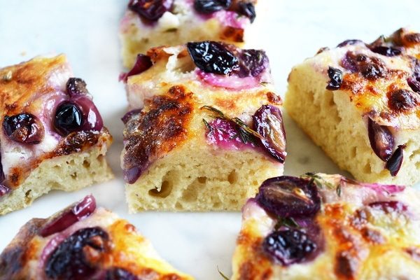 Red grape focaccia and mozzarella cheese