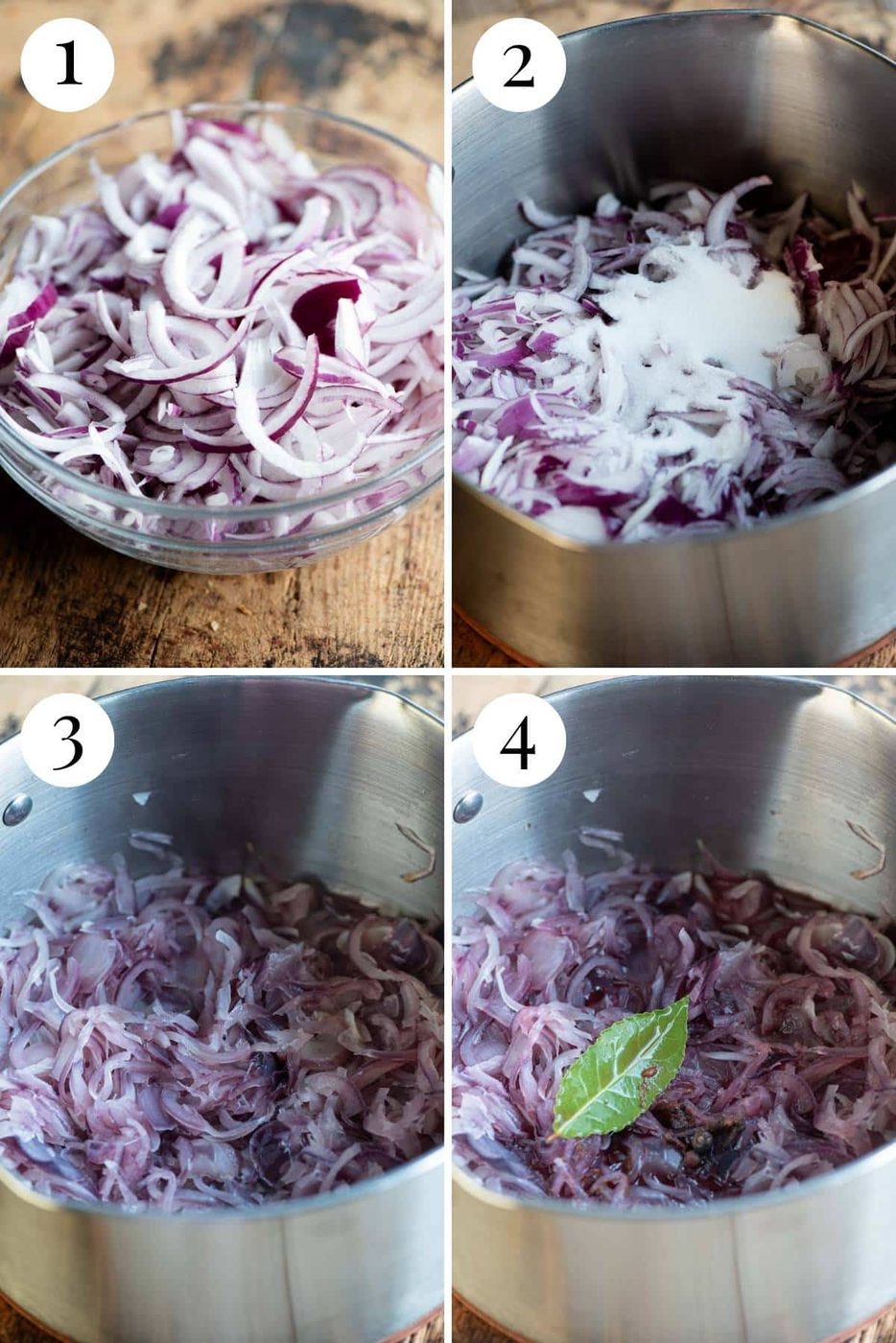 Four photos in a collage showing how to made caramelised red onions with festive spices.