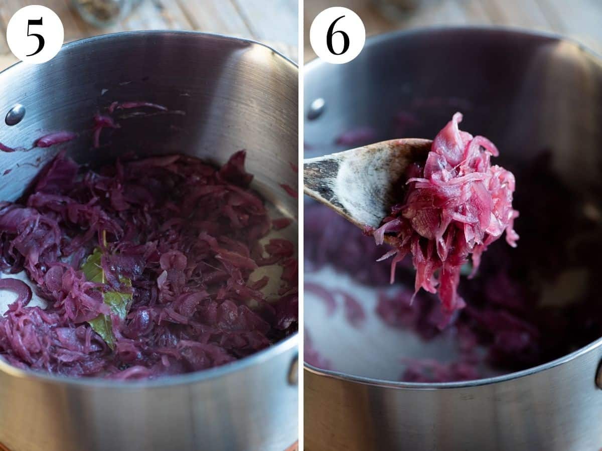 Two photos in a collage showing the final result after cooked caramelised red onions.