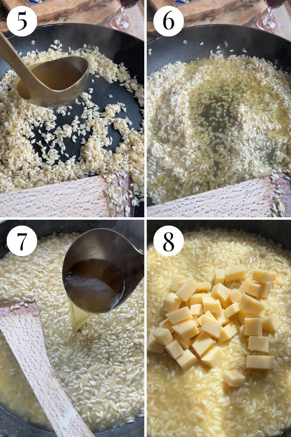 Four photos in a collage showing how to make a risotto with stock and cheese.