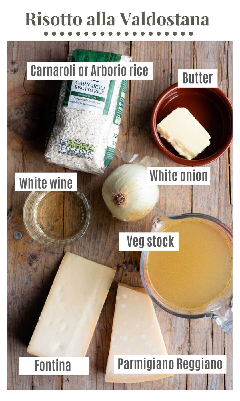 An overhead shot of all the ingredients you need to make a cheesy risotto from Aosta Valley called Risotto alla Valdostana.