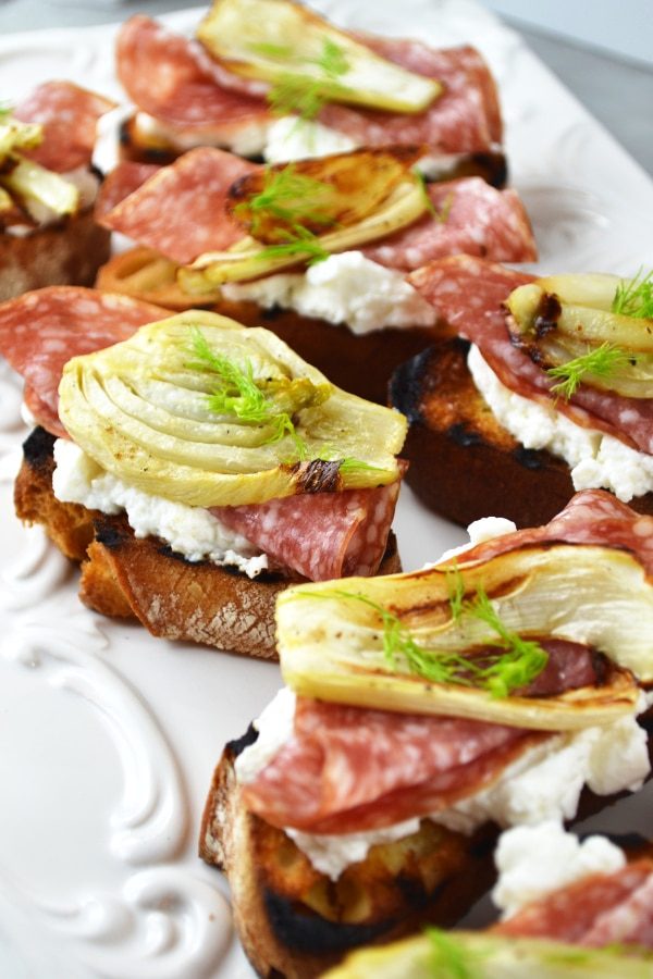 Roasted fennel, salami and ricotta crostini