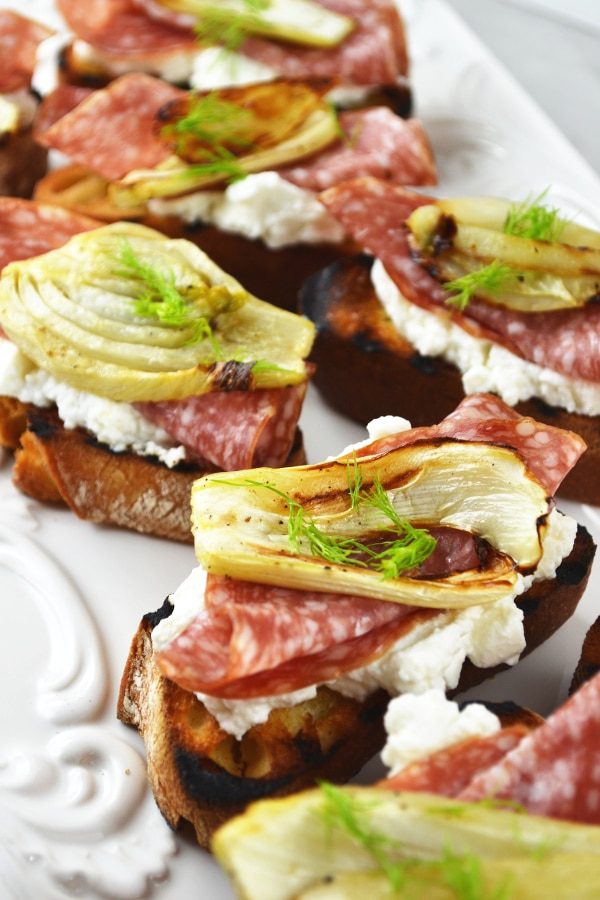Roasted Fennel, Salami and Ricotta Crostini