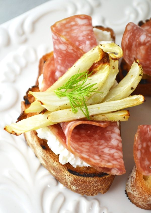 Roasted fennel, salami and ricotta crostini