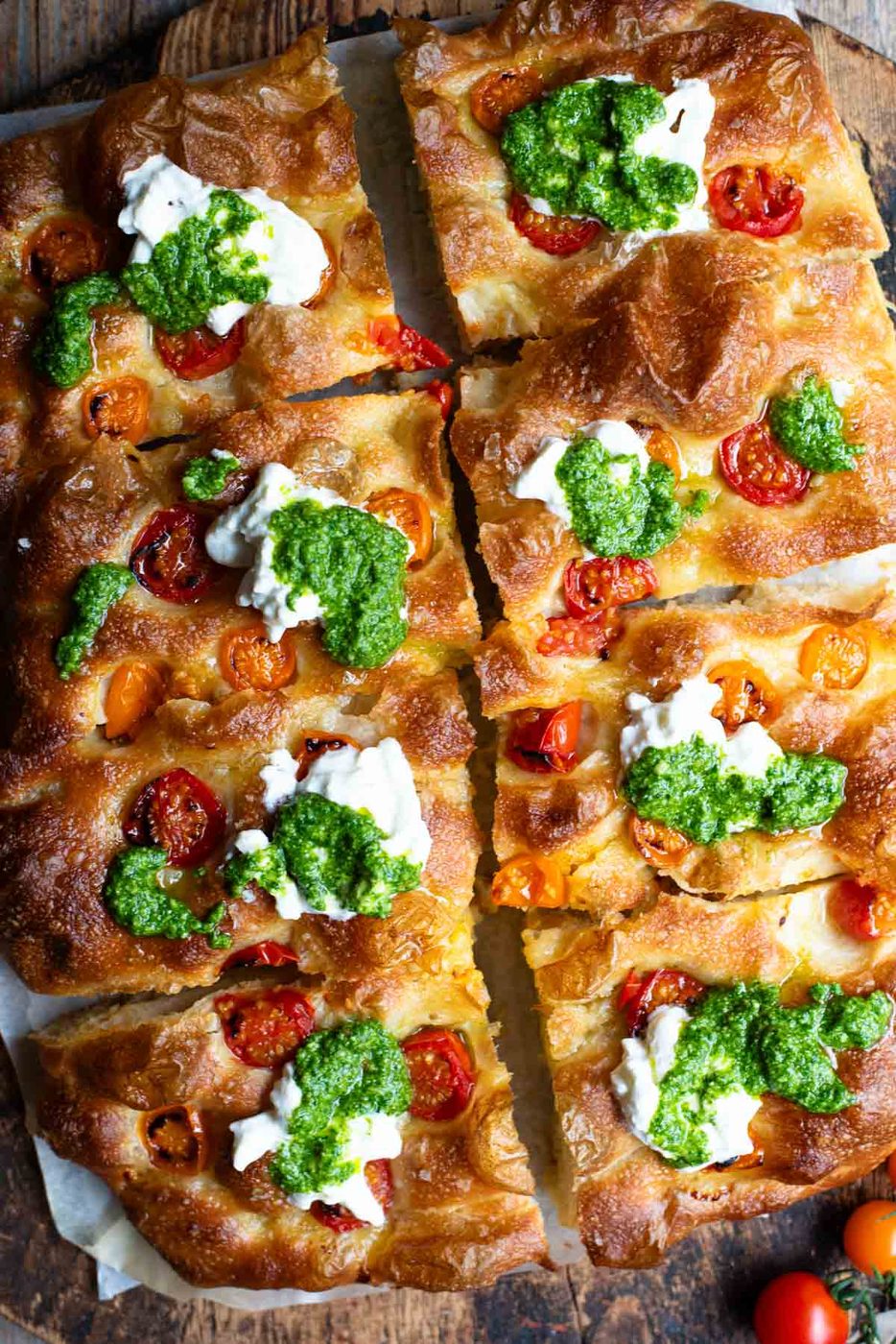 Roasted Tomato Focaccia, plus Pesto and Burrata