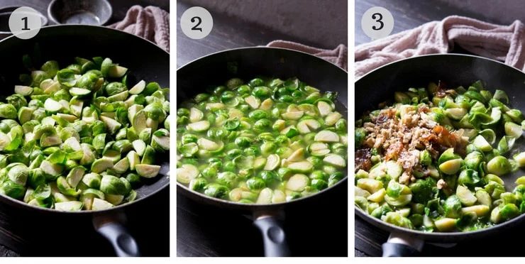 step by step photos for sauteed brussels sprouts with dates and walnuts