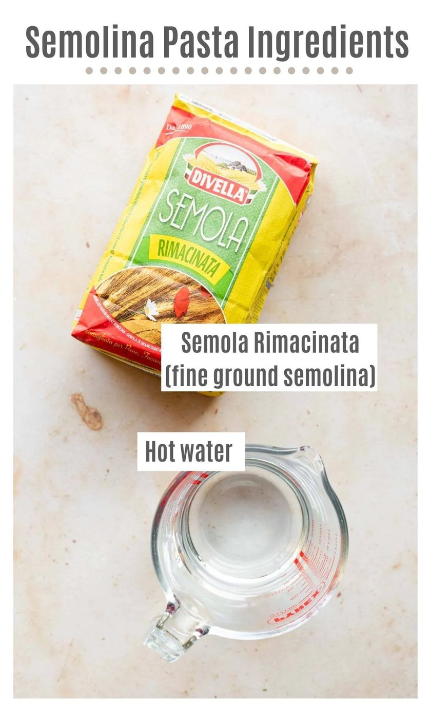 An overgead shot of all the ingredients you need to make semolina pasta dough
