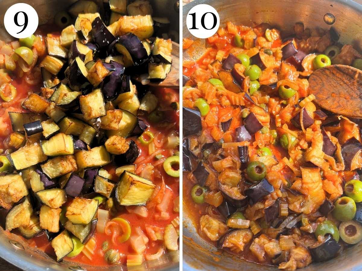 Two photos showing before and after addign the fried eggplant to caponata.