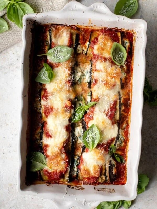 Eggplant rollatini in a baking dish