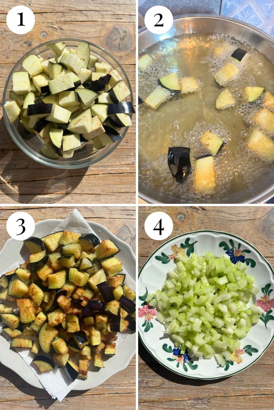 Four photos in a collage showing how to fry eggplant. The last photos shows celery cut up into small pieces.