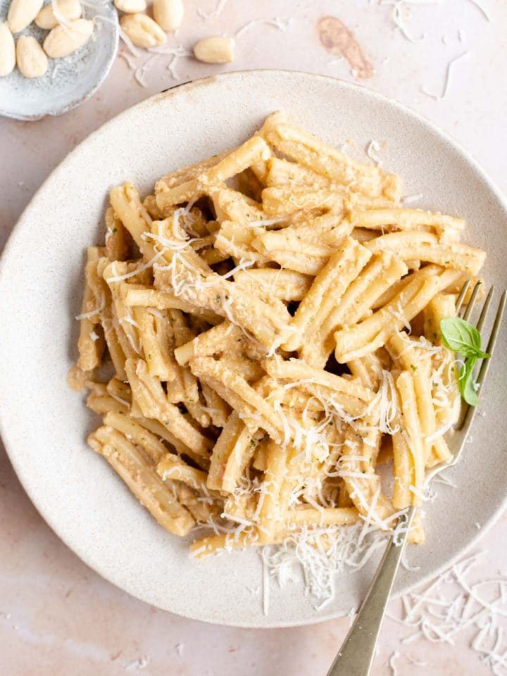 An overhead shot of pasta with pesto alla trapanese