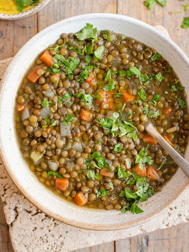 An overhead shot of Italian lentil soup in a bowl
