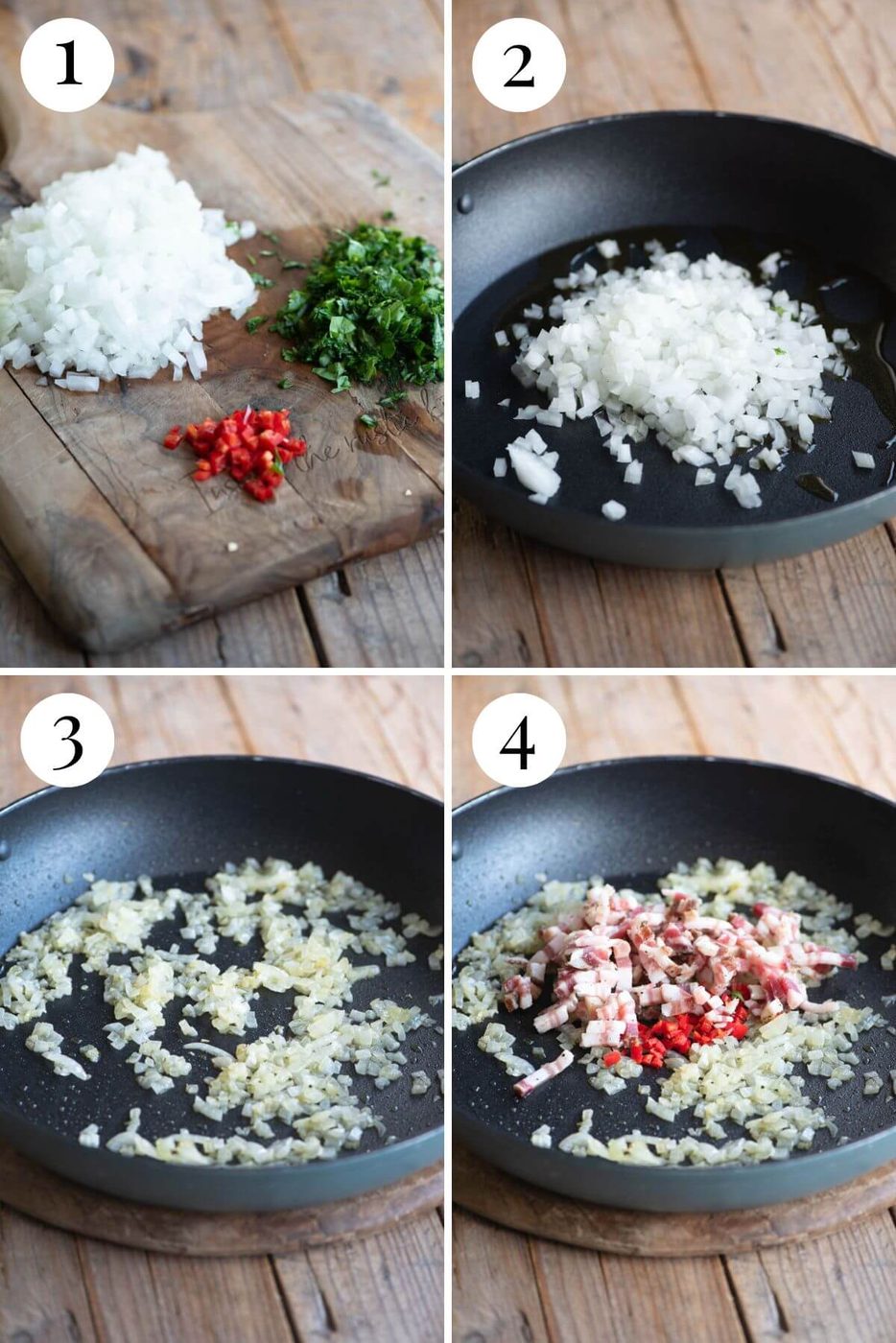 Four photos in a collage showing how to prep onion and herbs and saute pancetta.