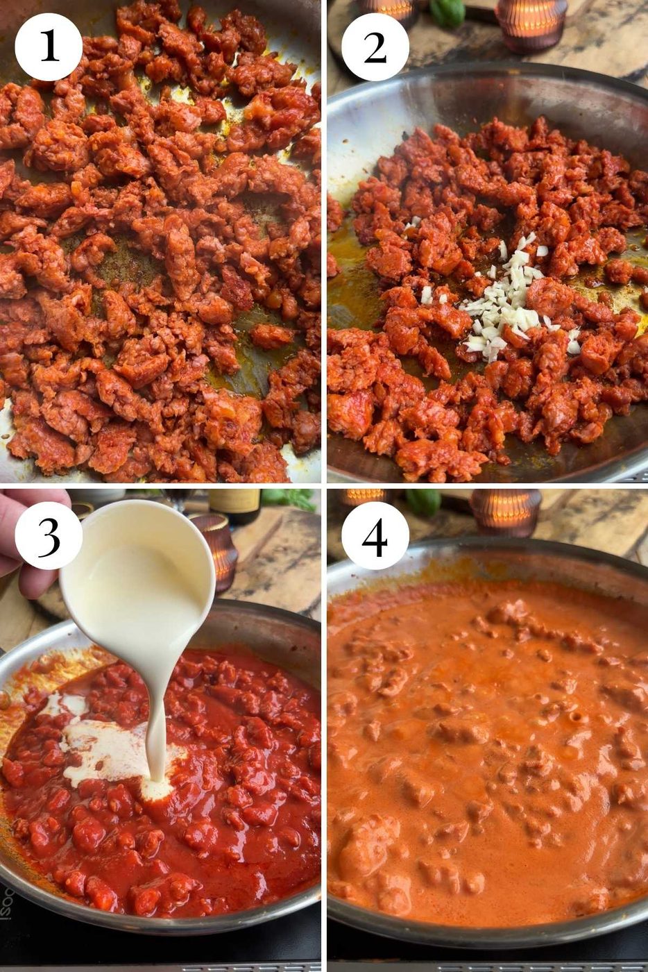 Four photos in a collage showing how to fry sausage, garlic and make a creamy tomato sauce.