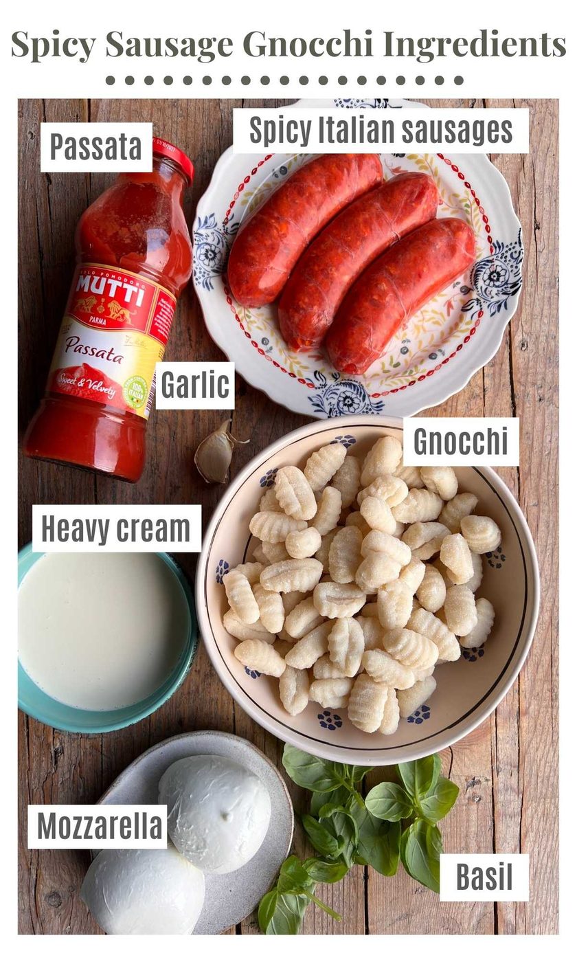 An overhead shot of all the ingredients needed to make gnocchi baked in a spicy sausage sauce.