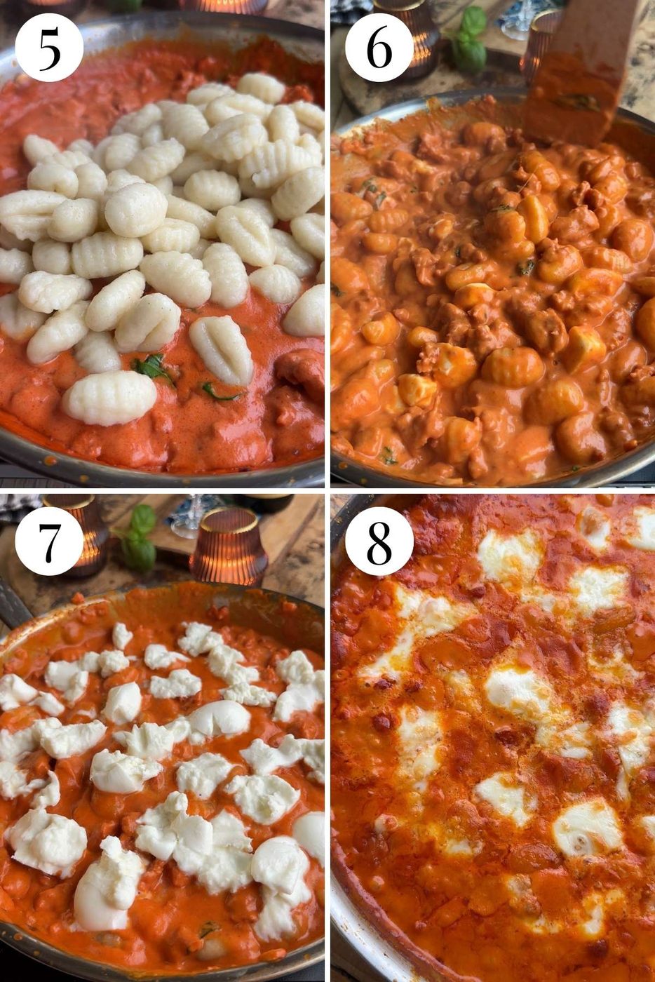 Four photos in a collage showing how to bake gnocchi with mozzarella.