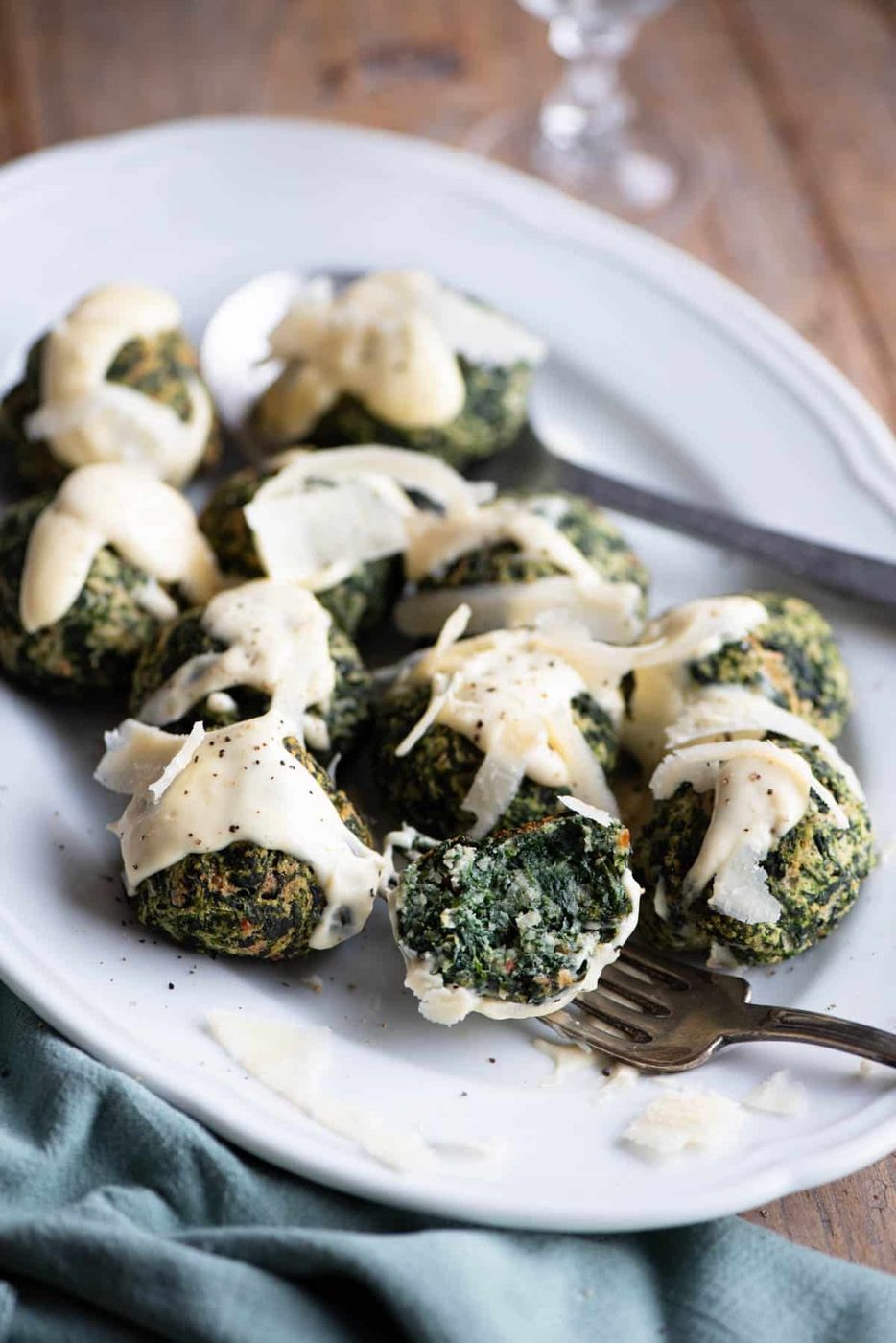 Baked Spinach Balls and Parmigiano Cream