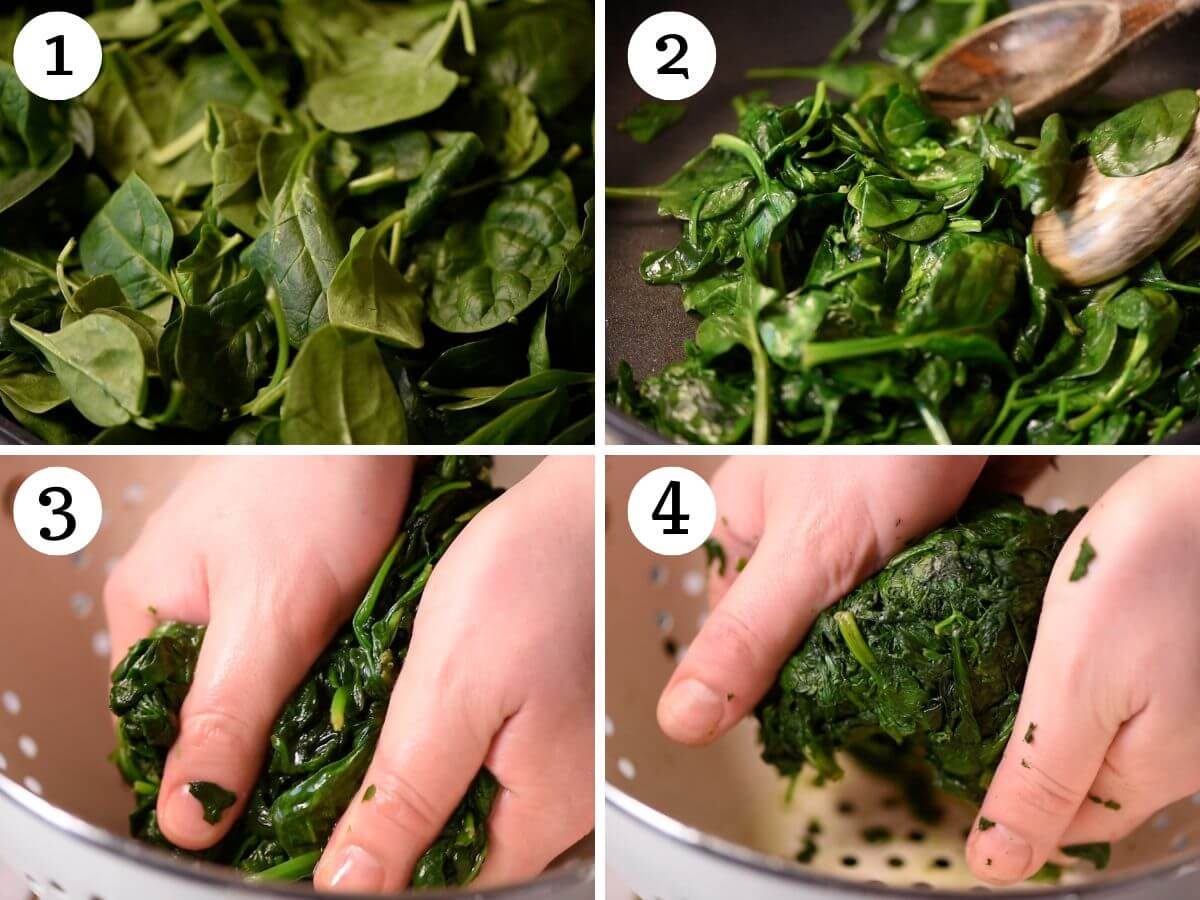 Four photos in a collage showing how to wilt and drain spianch.