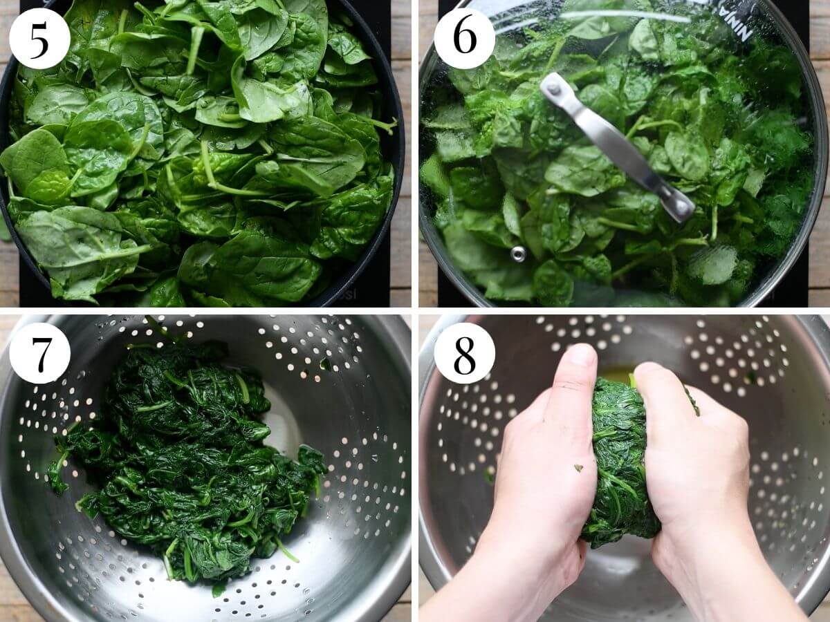 Four photos in a collage showing how to wilt spinach.