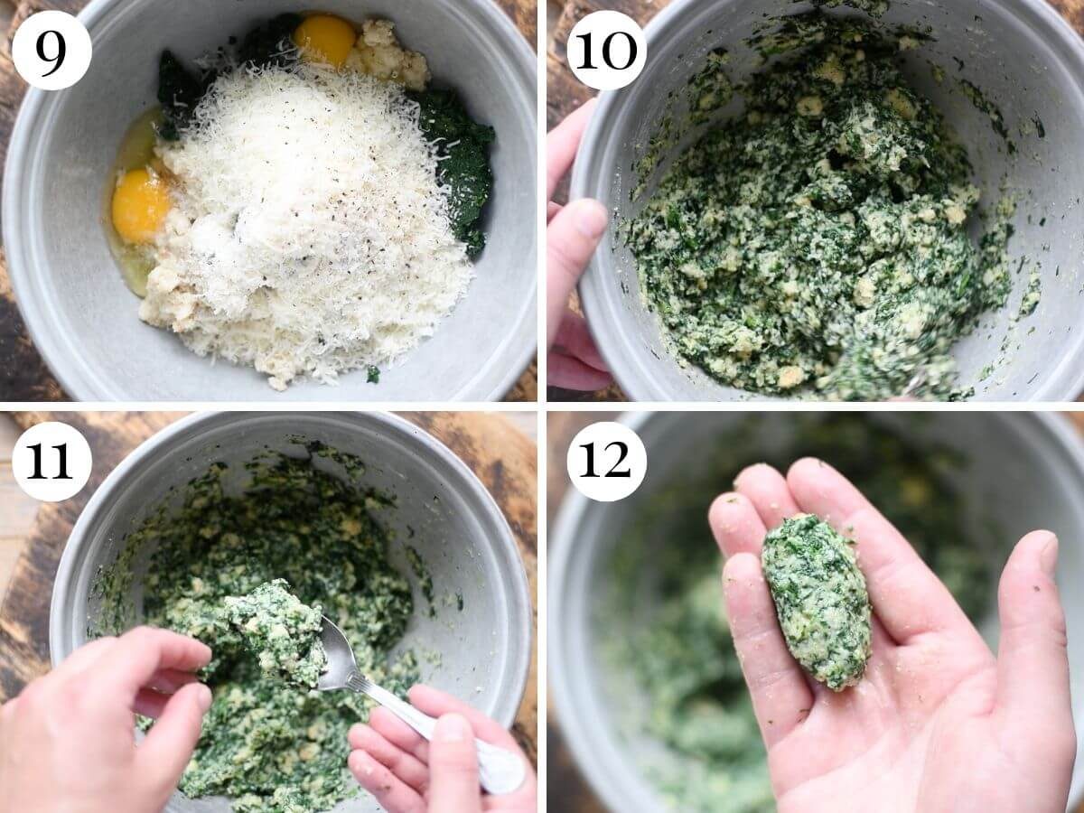 Four photos in a collage showing how to make Italian bread dumplings.