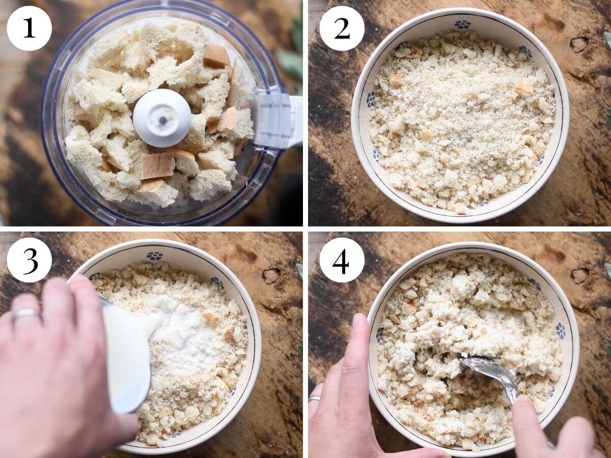 Four photos in a collage showing how to make breadcrumbs soaked in milk.