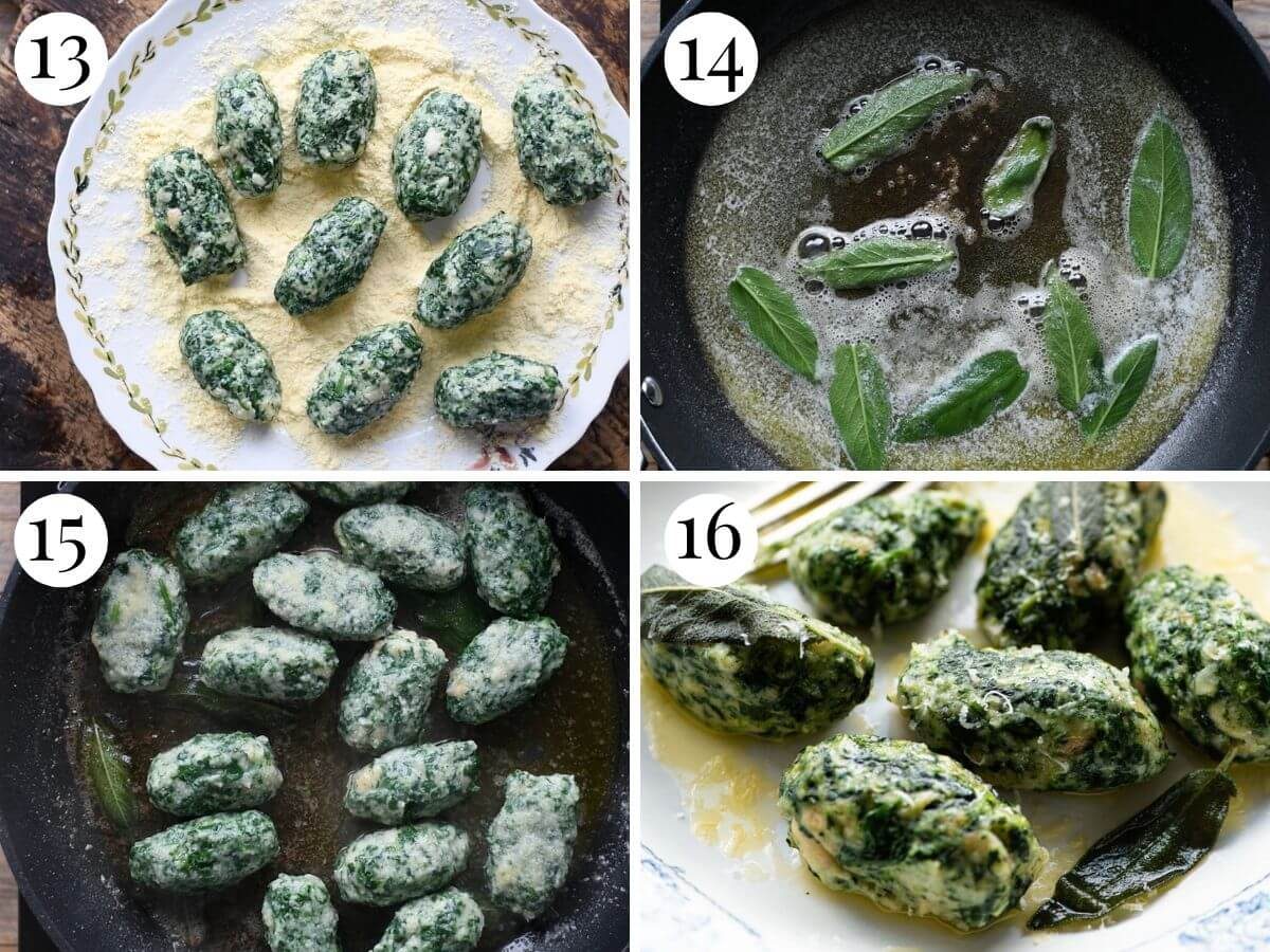 Four photos in a collage showing how to cook Strangolapreti (Italian bread dumplings).