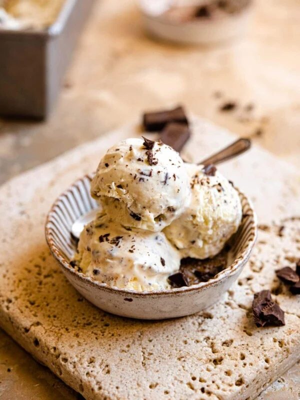 Stracciatella gelato in a rustic dish