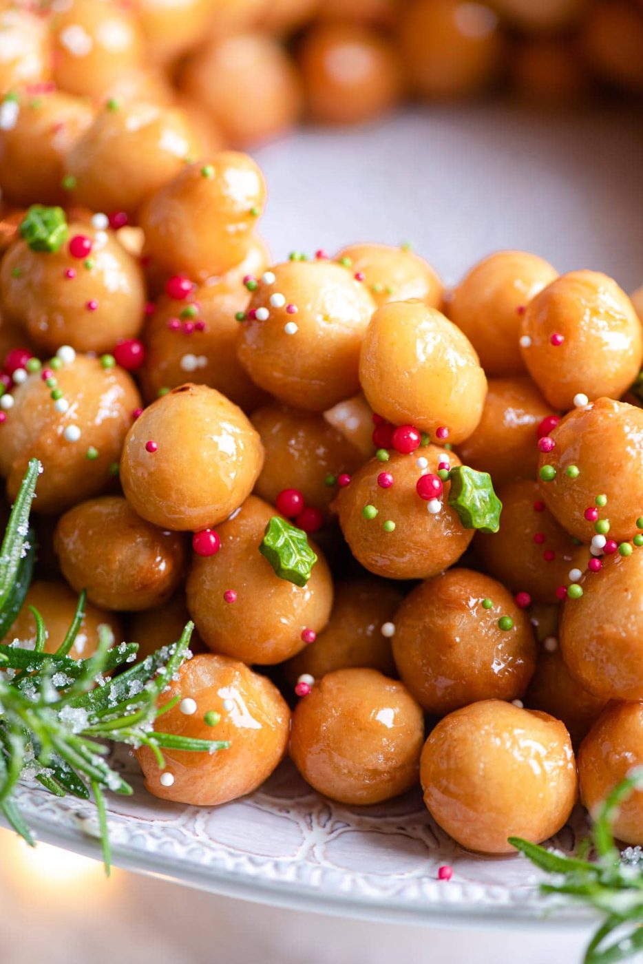A close up of struffoli Italian honey balls