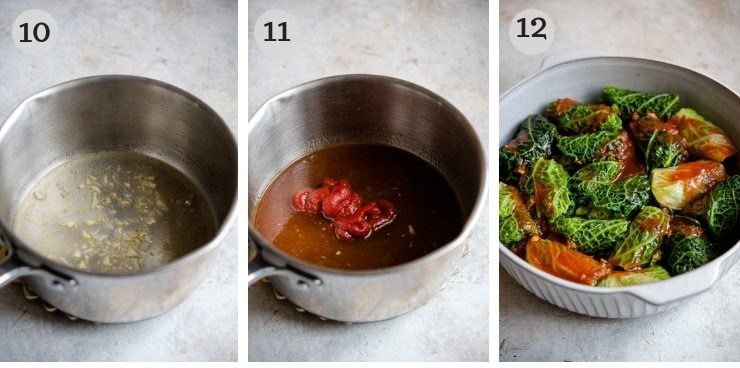 Step by step photos for making a tomato sauce for stuffed cabbage rolls