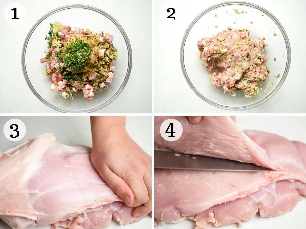 Step by step photos showing how to make sausage stuffng and butterfly a turkey breast