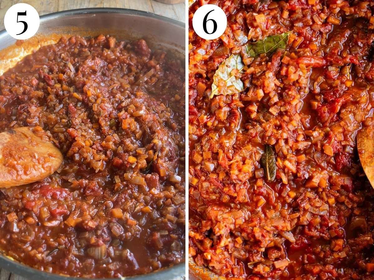 Two photos showing the texture of Sugo Finto, Vegetable Sauce.