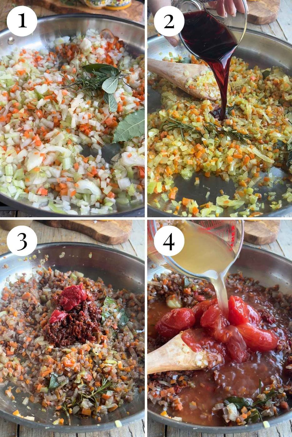 Four photos in a collage showing how to make sugo finto.