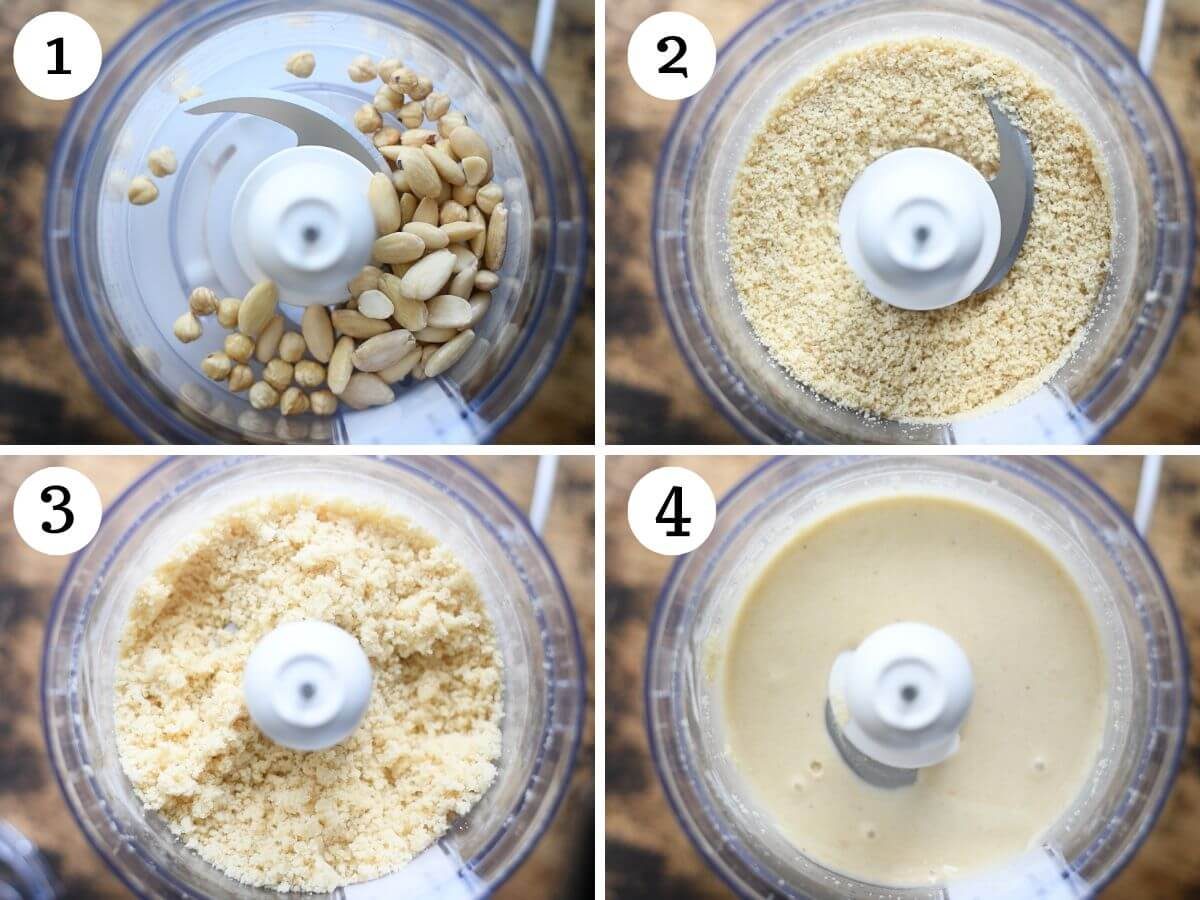 Four photos in a collage showing how to make Tegole Valdostane batter in a food processor.