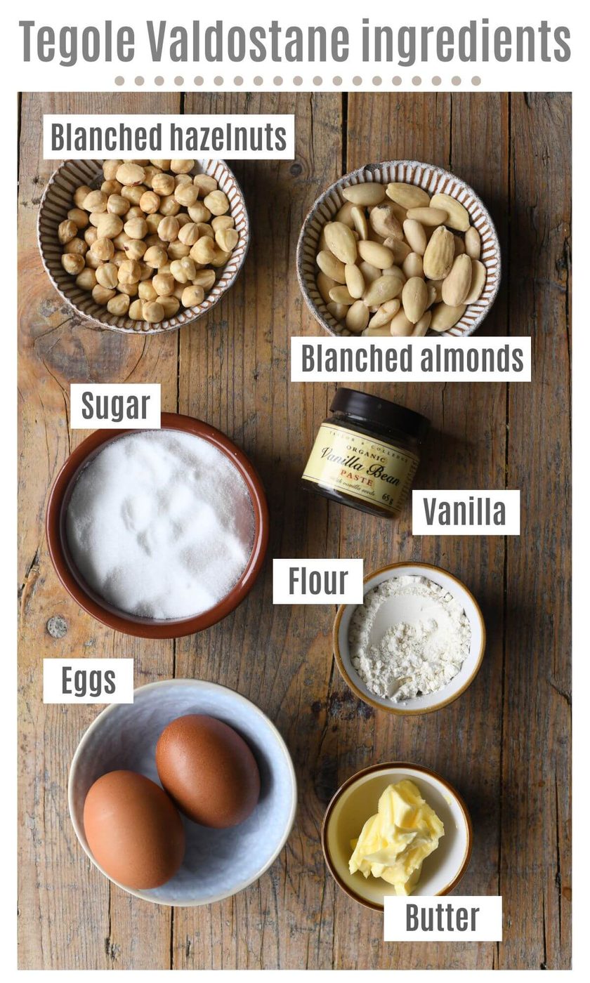 An overhead shot of all the ingredients needed to make Tegole Valdostane cookies.